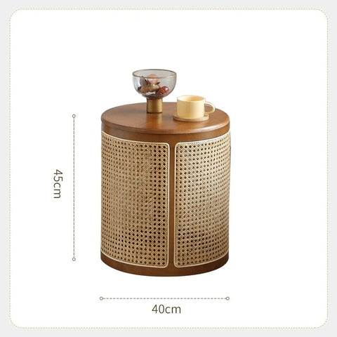 Wood and rattan round table with dimensions.