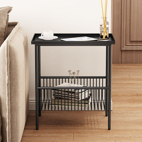 Iron side table with basket wrack underneath.