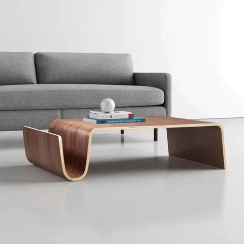 Wooden coffee table in front of sofa