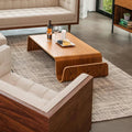 Wooden coffee table with wine and cheese