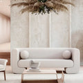 Wooden coffee table in front of sofa