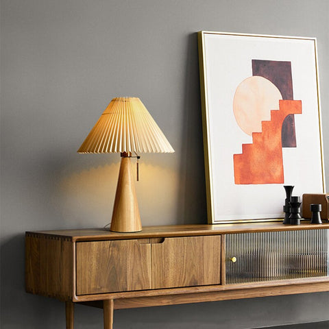 Wooden lamp with pleated lampshade