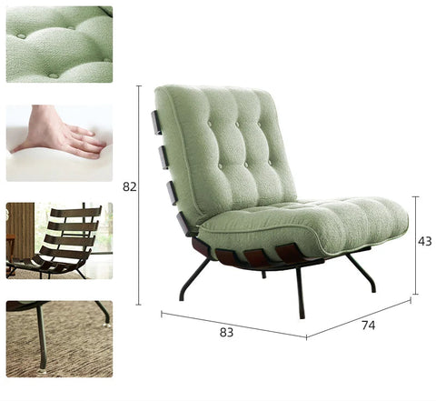 Mint green chair with dimensions and detailings