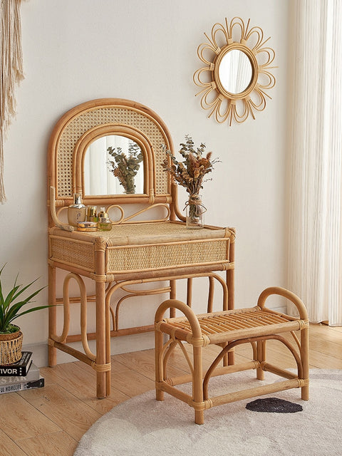 Bamboo and rattan dressing table with stool.